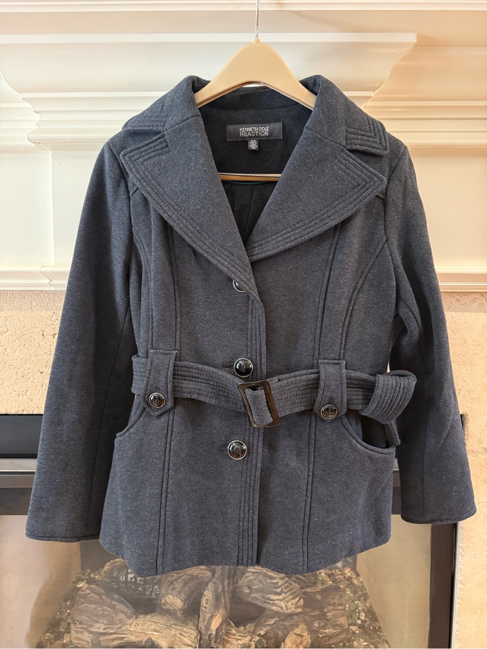 Kenneth Cole Reaction Charcoal Grey Belted Knit Pea Coat Jacket Size Medium